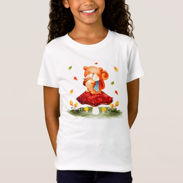 Cute Autumn Squirrel on Mushroom T-Shirt (Front)