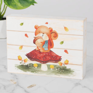 Cute Autumn Squirrel on Mushroom Wooden Box Sign