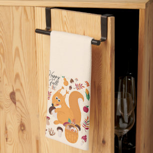 Cute autumn squirrel with custom text kitchen towel