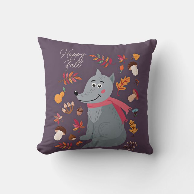 Cute autumn wolf with custom text throw pillow (Front)