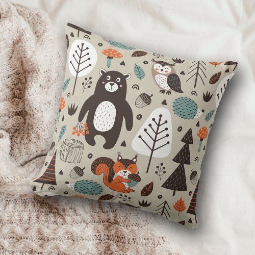 Cute Autumn Woodland Animals Pattern Throw Pillow