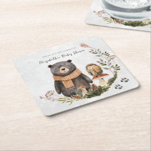 Cute Autumn Woodland   Baby Shower  Square Paper Coaster
