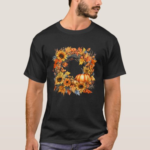 Cute Autumn Wreath Pumpkin Fall Leaves Sunflower H T_Shirt