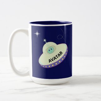 Cute Avatar Alien & Flying Saucer on Navy Blue