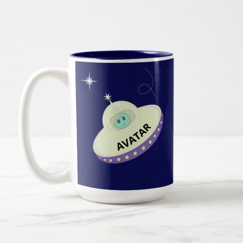 Cute Avatar Alien  Flying Saucer on Navy Blue Two_Tone Coffee Mug