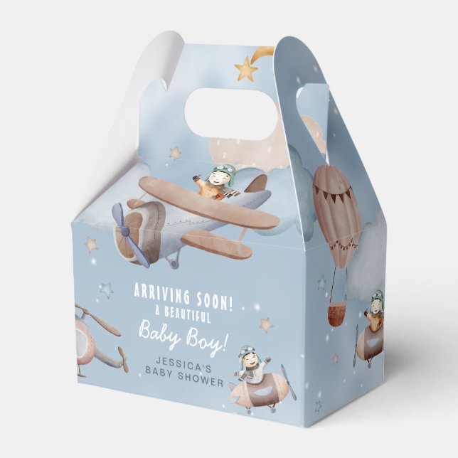 Cute Aviation Aeroplane Boy Baby Shower Favor Boxes (Front Side)