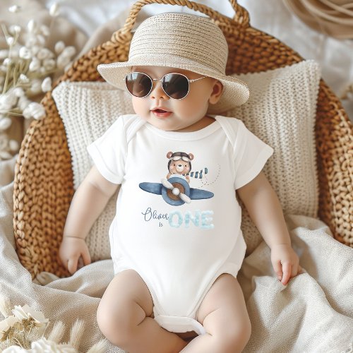 Cute Aviation Bear Blue Plane One 1st Birthday  Baby Bodysuit