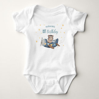 Cute Aviation Bear Blue Vintage Plane Birthday Baby Bodysuit