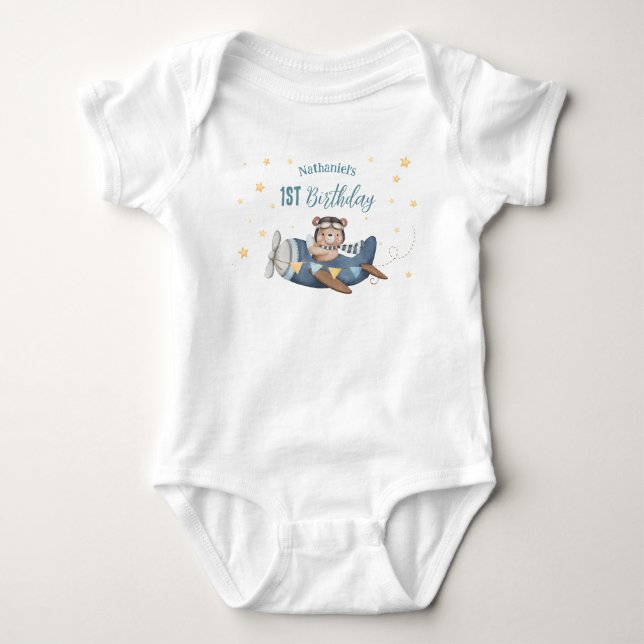 Cute Aviation Bear Blue Vintage Plane Birthday Baby Bodysuit (Front)