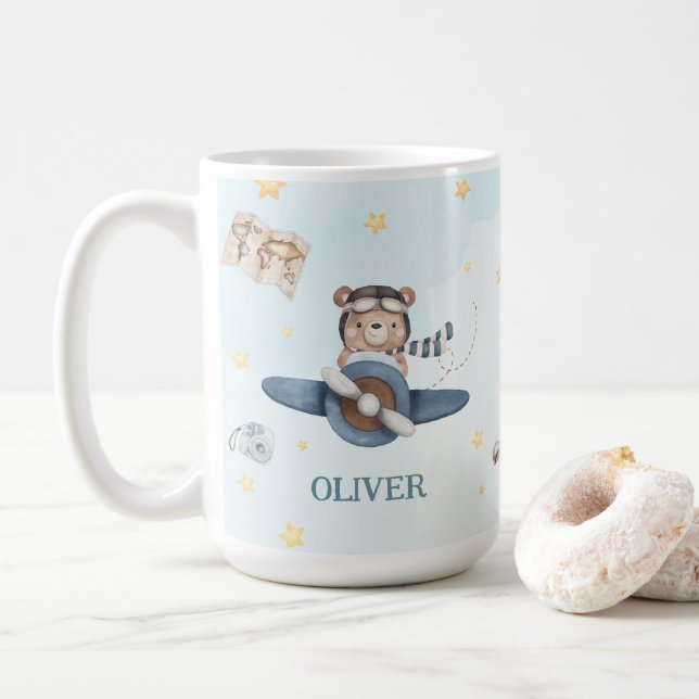 Cute Aviation Bear Blue Vintage Plane  Coffee Mug (With Donut)