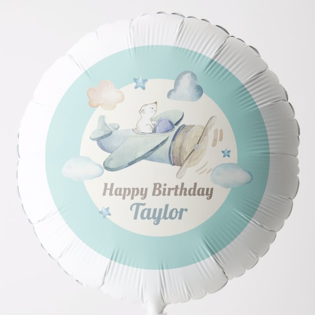 Cute Aviation Theme with Name Boy's Birthday Party Balloon (Front)