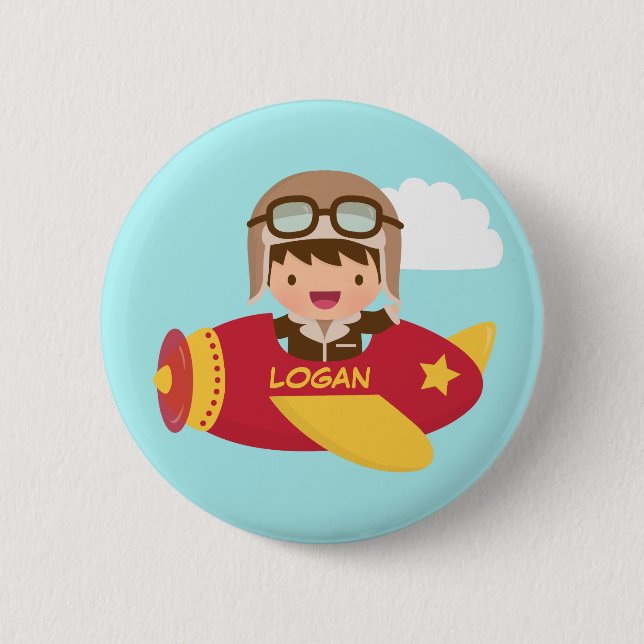 Cute Aviator Boy Airplane Adventure For Kids Button (Front)