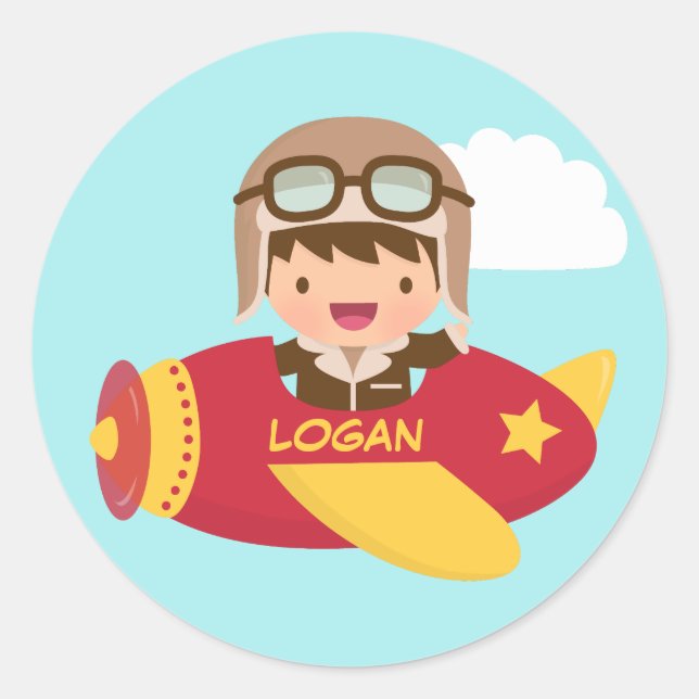 Cute Aviator Boy Airplane Adventure For Kids Classic Round Sticker (Front)