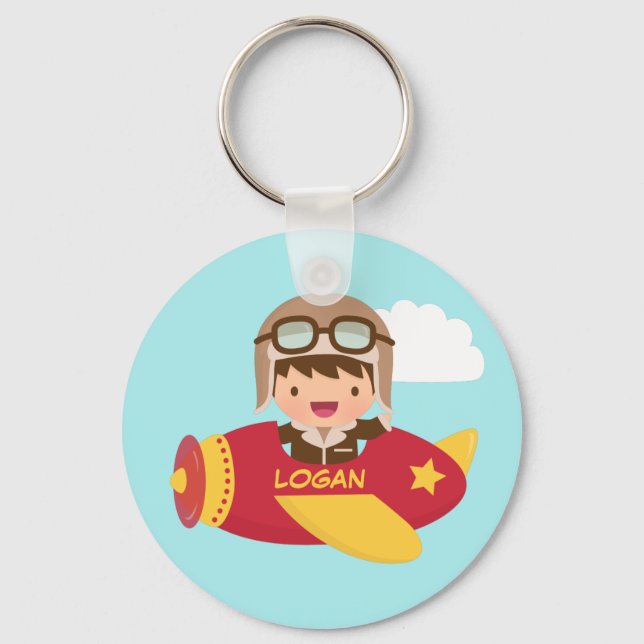 Cute Aviator Boy Airplane Adventure For Kids Keychain (Front)