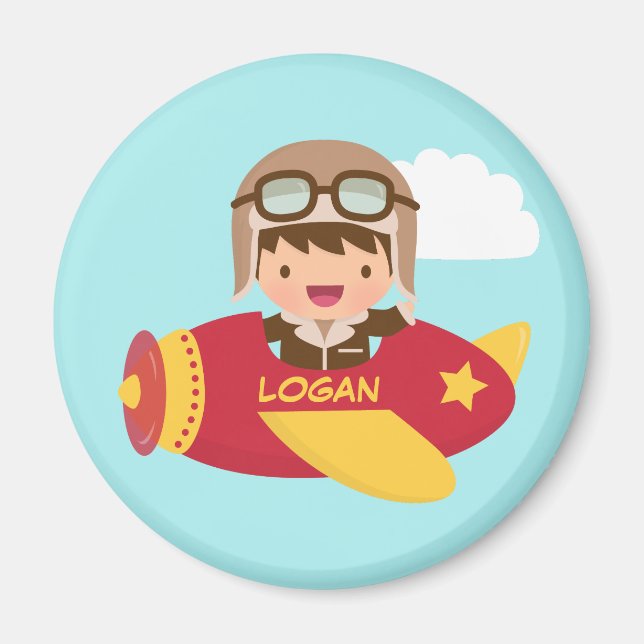 Cute Aviator Boy Airplane Adventure For Kids Magnet (Front)