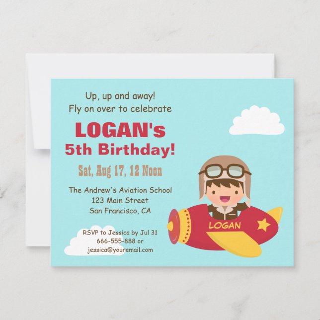 Cute Aviator Boy Airplane Birthday Party Invitation (Front)