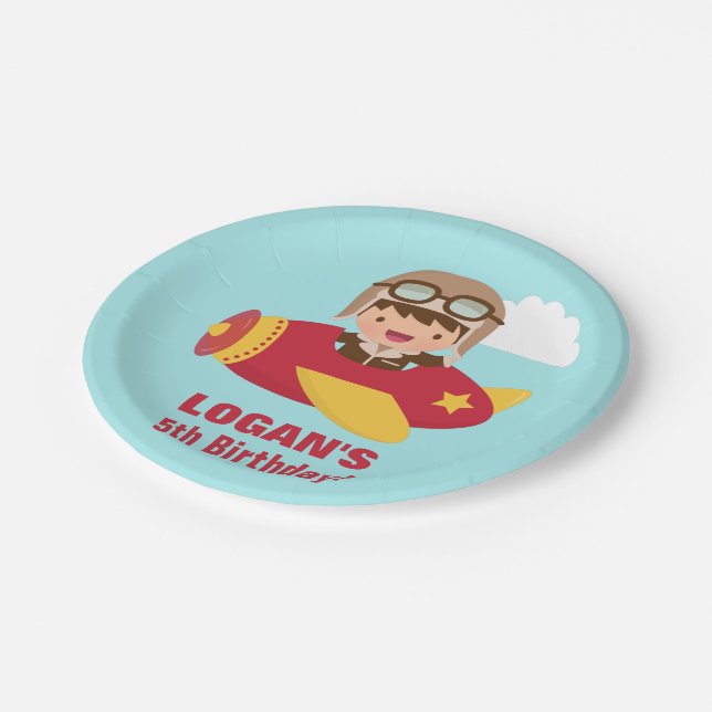 Cute Aviator Boy Airplane Birthday Party Paper Plates (Angled)