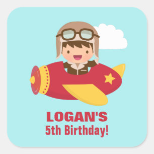 Cute Aviator Boy Airplane Birthday Party Square Sticker