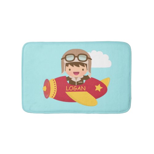 Cute Aviator Boy Airplane Kids Room Decor Bathroom Mat