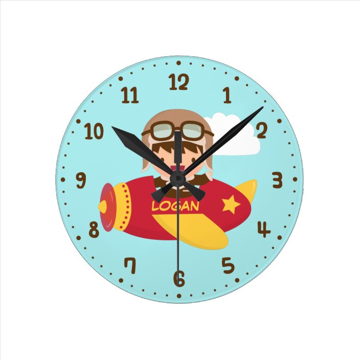 Cute Aviator Boy Airplane Kids Room Decor Round Clock Zazzle