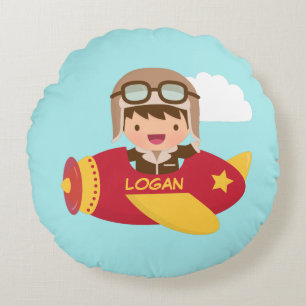 Cute Aviator Boy Airplane Kids Room Decor Round Pillow