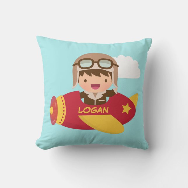 Cute Aviator Boy Airplane Kids Room Decor Throw Pillow (Front)