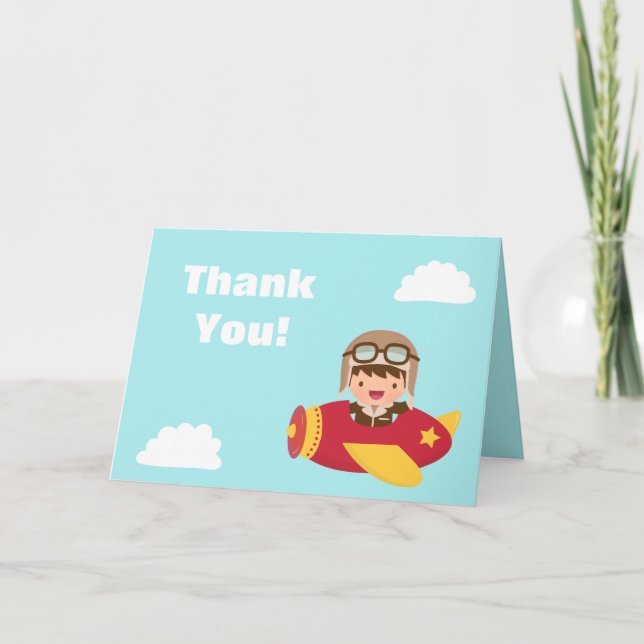 Cute Aviator Boy Airplane Thank You Greeting (Front)