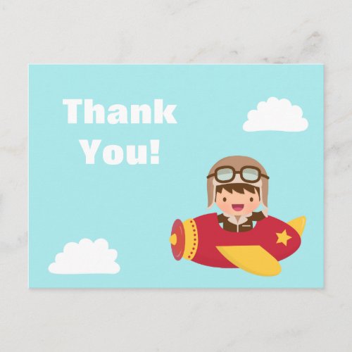 Cute Aviator Boy Airplane Thank You Greeting Postcard