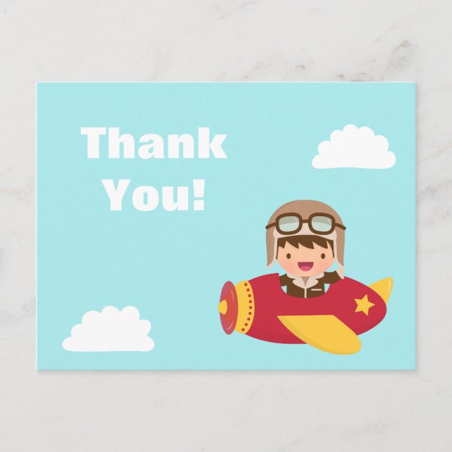 Cute Aviator Boy Airplane Thank You Greeting Postcard (Front)