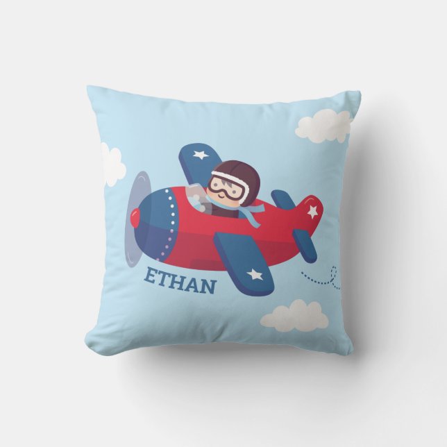 Cute Aviator Pilot Airplane Baby Boy Nursery Decor Throw Pillow (Front)