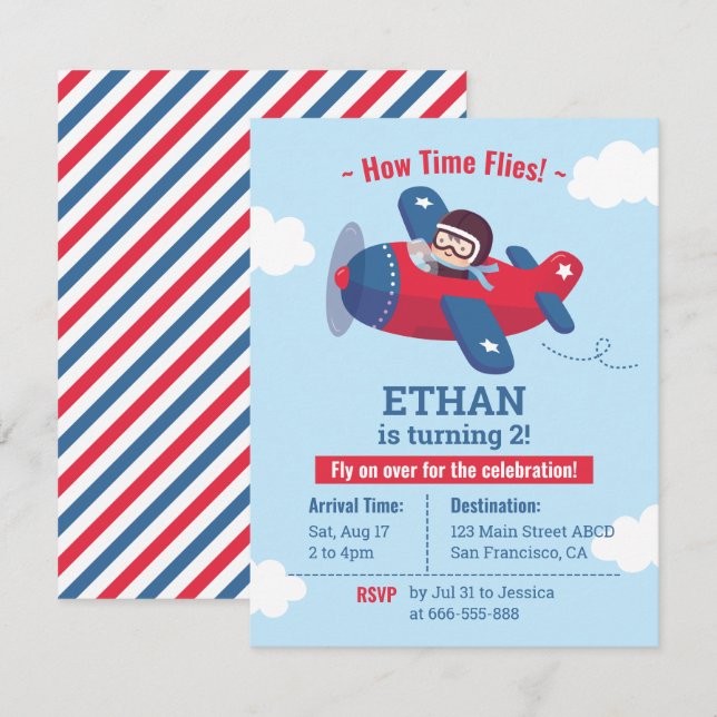 Cute Aviator Pilot Airplane Boys Birthday Party  Invitation (Front/Back)