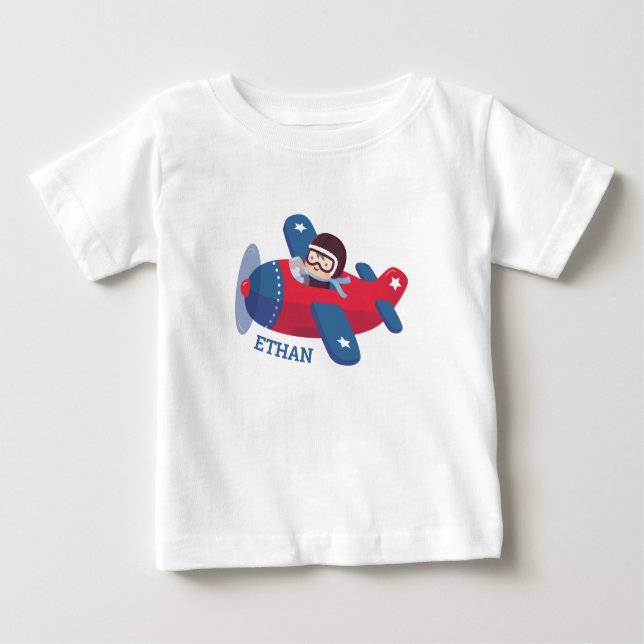 Cute Aviator Pilot Airplane Personalized Baby T-Shirt (Front)