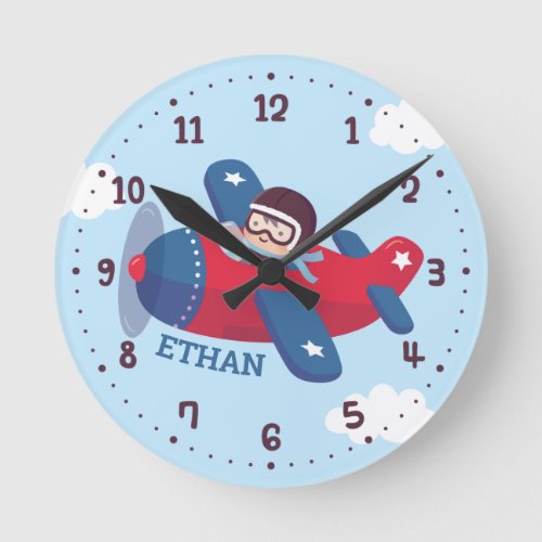 Cute Aviator Pilot in Flying Airplane Wall Decor Round Clock