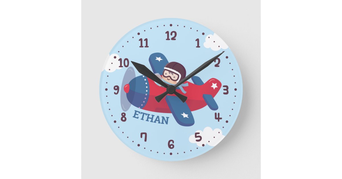 Cute Aviator Pilot in Flying Airplane Wall Decor Round Clock | Zazzle