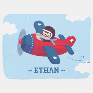 Cute Aviator Pilot in Propeller Airplane Baby Boy Blanket