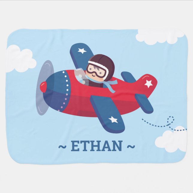 Cute Aviator Pilot in Propeller Airplane Baby Boy Blanket (Horizontal)