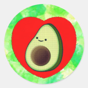 Cute Avocado Cartoon In Red Heart on Watercolor Classic Round Sticker