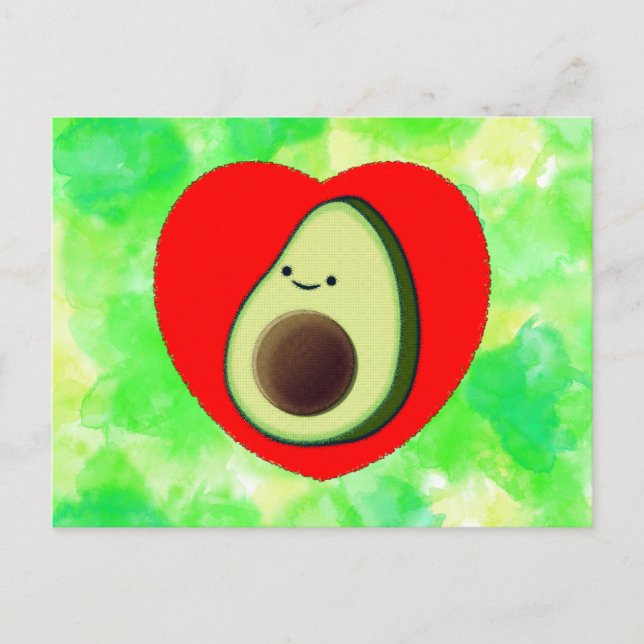 Cute Avocado Cartoon In Red Heart on Watercolor Postcard (Front)