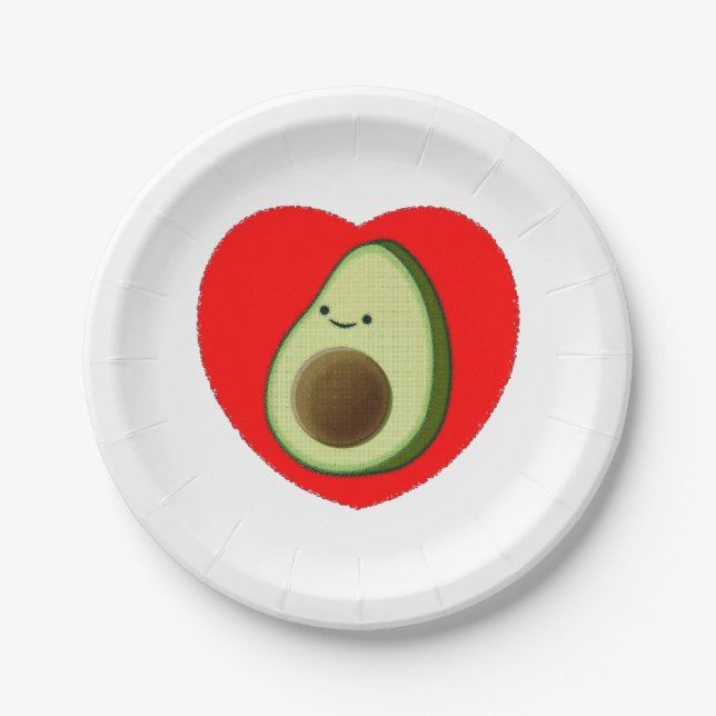 Cute Avocado Cartoon In Red Heart Paper Plates (Front)