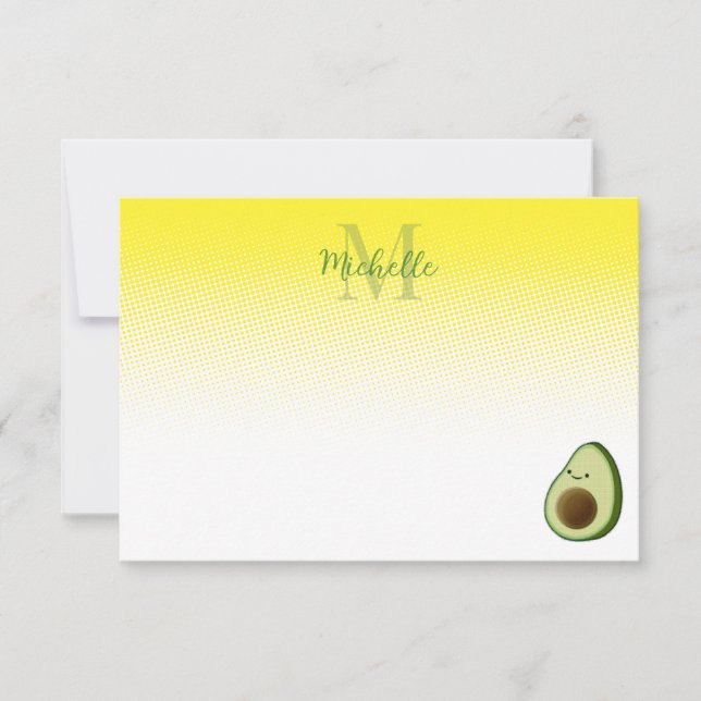 Cute Avocado Drawing Personalized Monogram Note Card (Front)