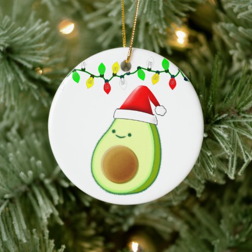 Cute Avocado Drawing Santa Hat Christmas Lights Ceramic Ornament