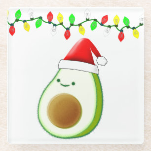 Cute Avocado Drawing Santa Hat Christmas Lights Glass Coaster
