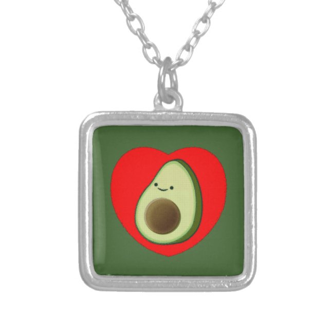 Cute Avocado In Red Heart Silver Plated Necklace (Front)