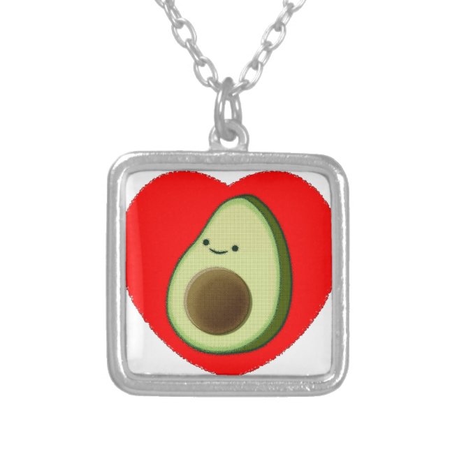Cute Avocado In Red Heart Silver Plated Necklace (Front)
