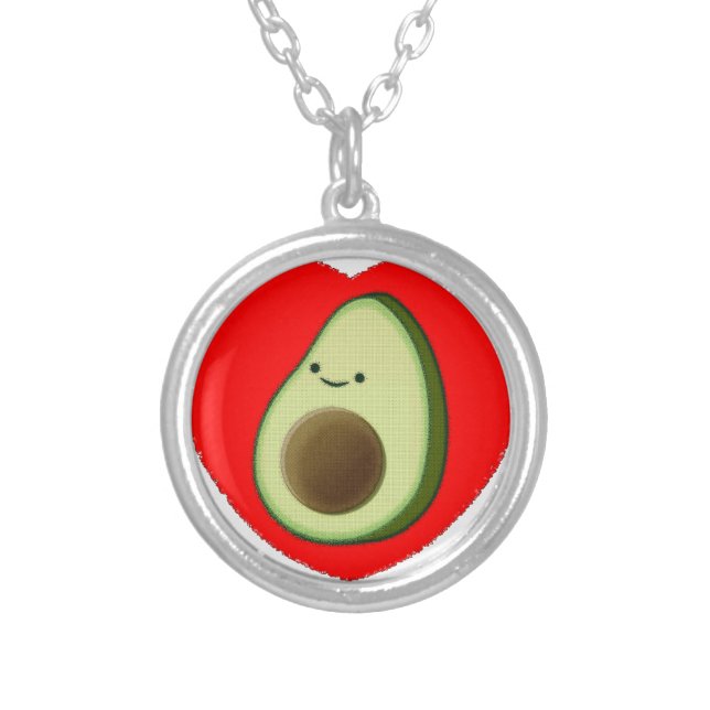 Cute Avocado In Red Heart Silver Plated Necklace (Front)