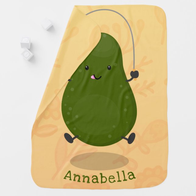 Cute avocado jump rope cartoon illustration baby blanket (In Situ)