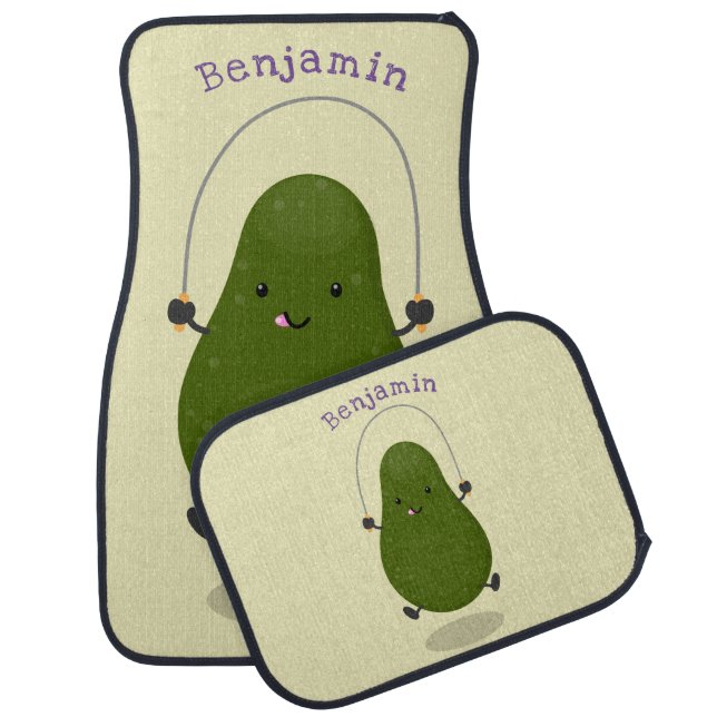 Cute avocado jump rope cartoon illustration  car floor mat (Set)