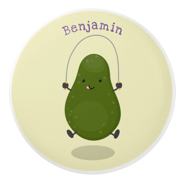Cute avocado jump rope cartoon illustration ceramic knob (Front)