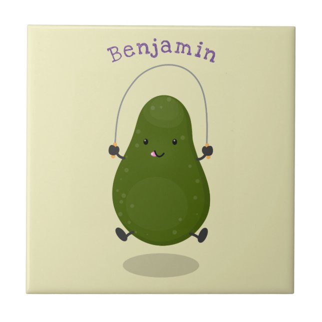 Cute avocado jump rope cartoon illustration ceramic tile (Front)