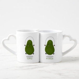 Cute avocado jump rope cartoon illustration coffee mug set